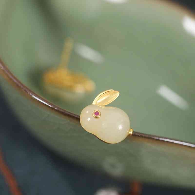 S925 Silver Plated Hetian Jade Pendant Lovely Temperament Rabbit Children's Earrings Bracelet Ring Necklace Set