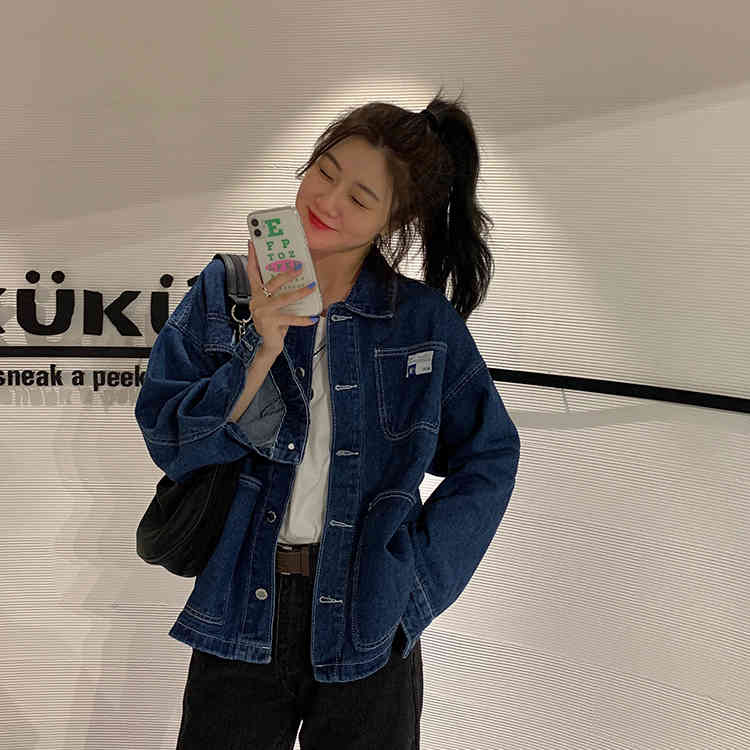 4 color Women's blue Jean Coats autumn Women loose pocket Denim Jacket Long Sleeve Female Girls Outwear coat woman (F7452) 210423