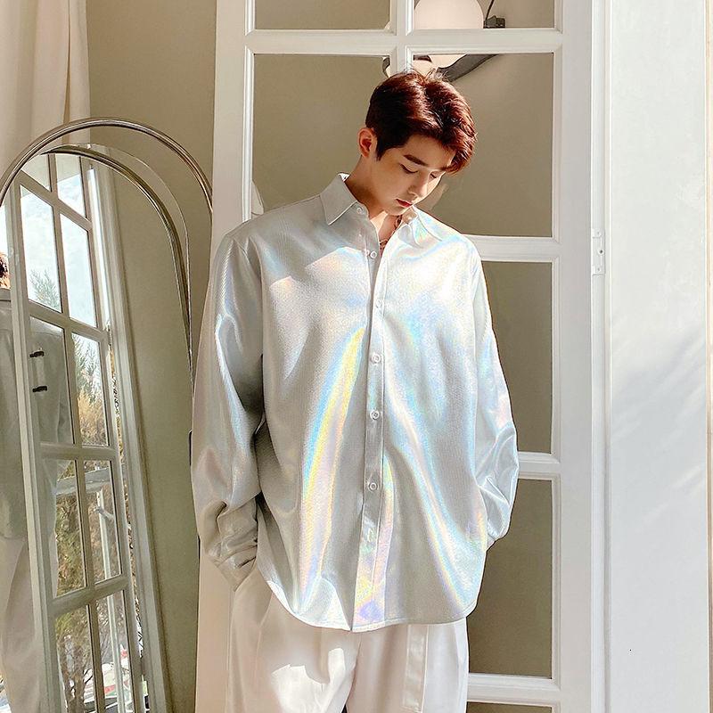 IEFB Spring Clothing Oversized Long Sleeve Korean Streetwear Men's Shirt Lapel Shiny Fabric Trend Tops Blue Clothes 9Y5776 210524