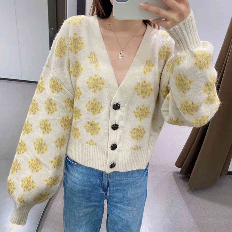 Women Elegant Floral Print Buttons Knitting Sweater Female Chic Basic V Neck Lantern Sleeve Casual Cardigans Tops 210520