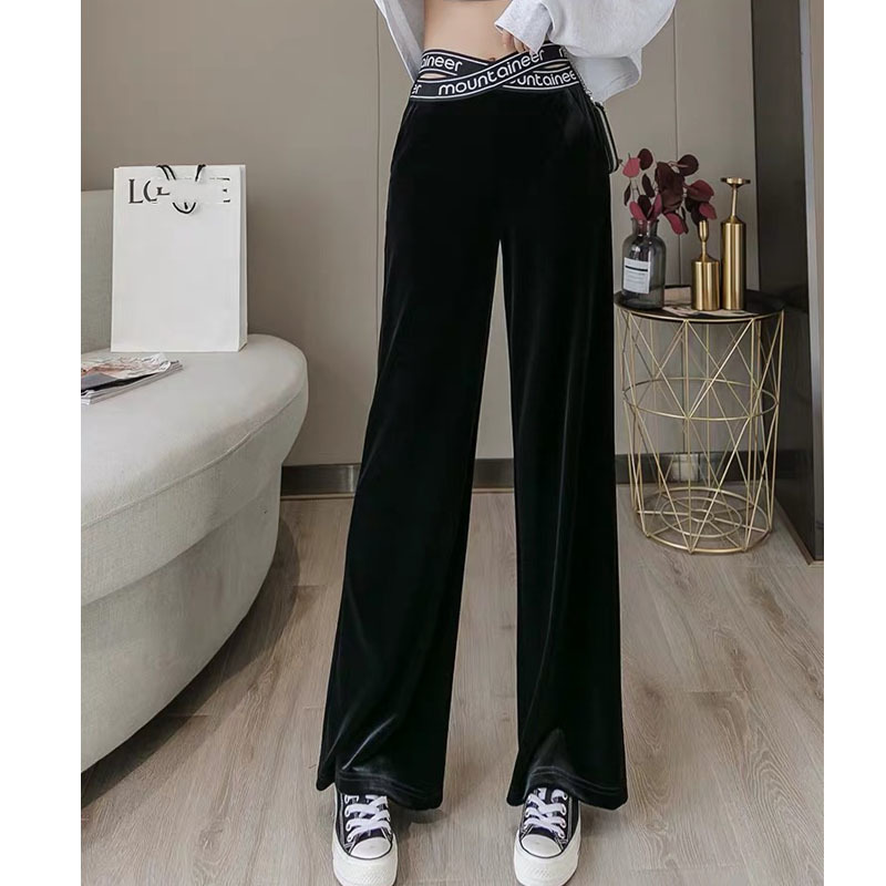 Elastic High Waist Wide Leg Pants Women Plus Size Velvet Elegant Office Lady Highstreet springTrousers Spodnie Damskie 210421