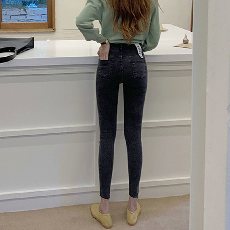 Black for Women Stretch Fashion High Waist Jeans Button Female Skinny Denim Pencil Pants Casual Trousers 10400 210417