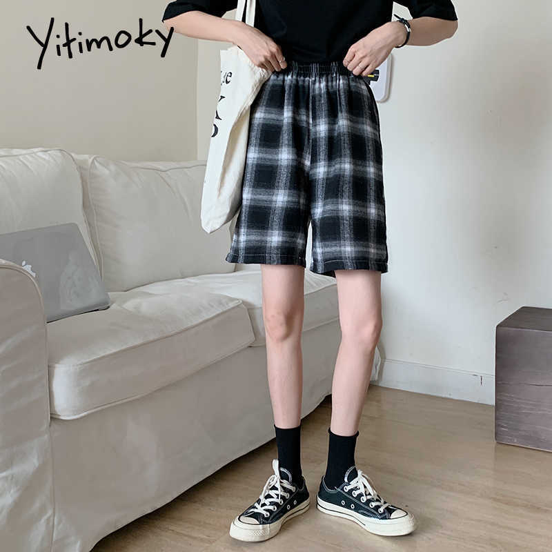 Bermuda Shorts Women Vintage Plaid High Waisted Shorts Woman Summer Blue Black Short Shorts Back Elastic Waist Checkerboard 210611