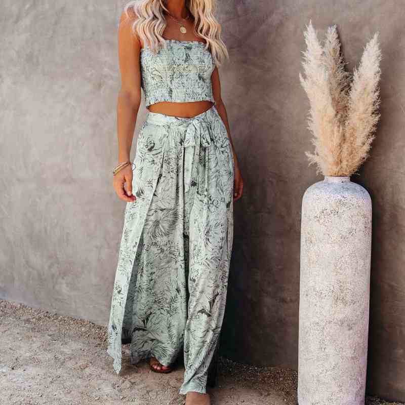 Sexy 2 Pieces Sets Blue Printing Beachwear Women Floral Clothes Tank Top Wide Leg Pants Outwear Beach Cover up A427 210420