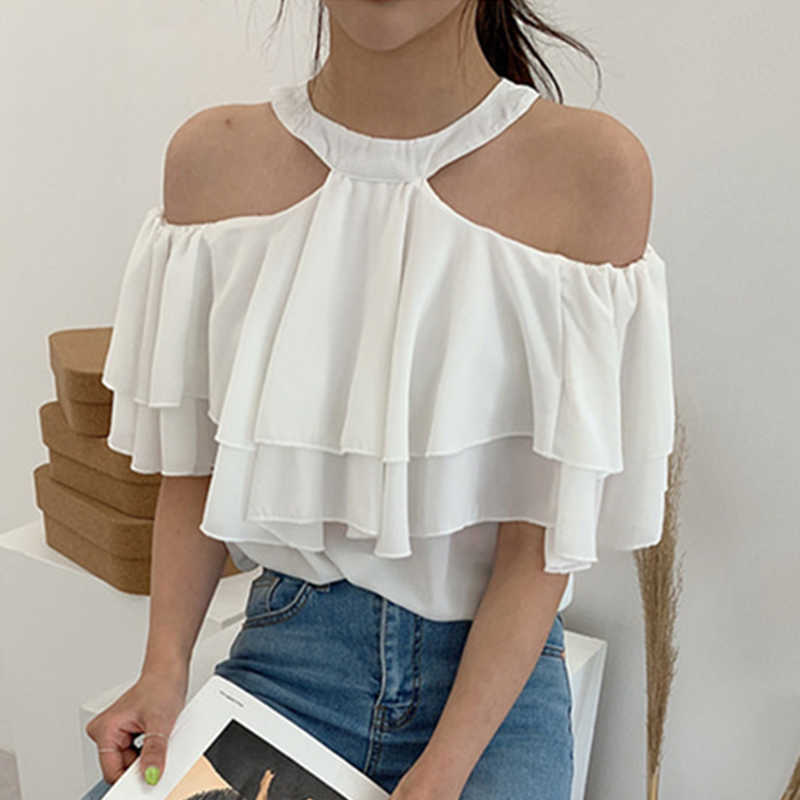 Korejpaa Women Shirt Summer Korean Chic Lady Feminine Halter-Neck Slack Shoulder Double-Layer Ruffled Flying Sleeve Blouse 210526