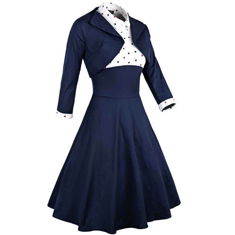 OTEN Autumn Elegant Women two pieces dress set 2 pcs Polka dot Printed party pin up vestidos retro vintage rockabilly 3XL 210331Z