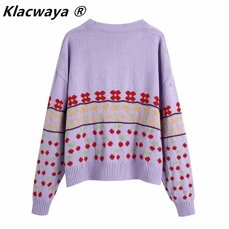 Women Sweet Cherry Print Open Stitching Knitted Sweater Female Chic Color Match Patchwork Loose Cardigans Tops 210521