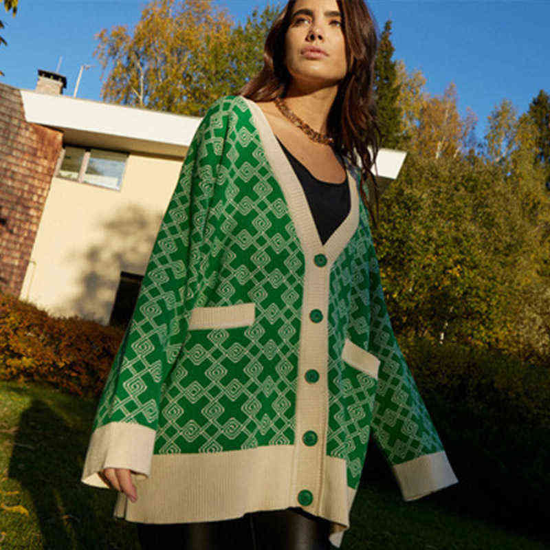 Women V-neck Checkered Print Knitted Cardigan Fashion Female Buttons Casual Long Sleeve Sweater Cardigan With Pocket Autumn 211123wtt