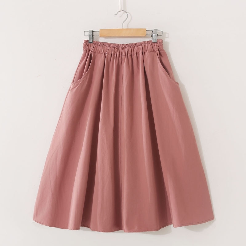 Spring Summer Solid Cotton Elastic High Waist Midi Skirts Femme With Pocket Simple Black Women Korean Skirt 210408