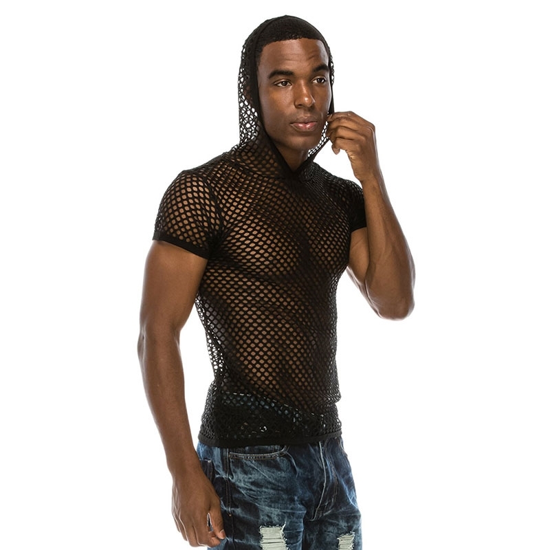Men's Sexy Mesh See Through Hooded Shirt Fashion Short Sleeve Fishnet Hoodies Shirts Men Hipster Nightclub Wear -shirt 210629