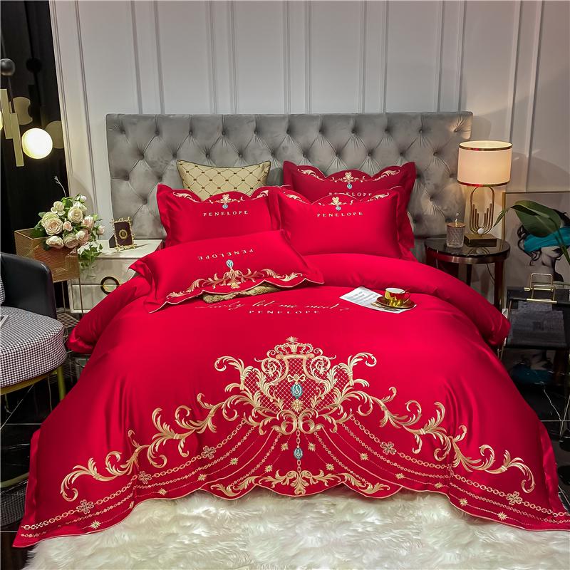 Luxury White Satin Silk Cotton Bedding Set Soft Silky Gold Embroidery Duvet Cover Flat/Fitted Sheet Pillowcases Home Textiles Sets