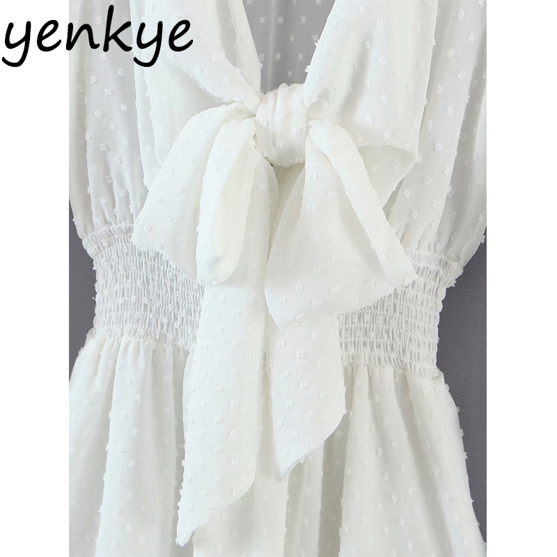 Women White Chiffon Dress Sexy Knot V Neck Long Sleeve Summer Elegant Ladies Elastic Waist A Line Vestido 210430