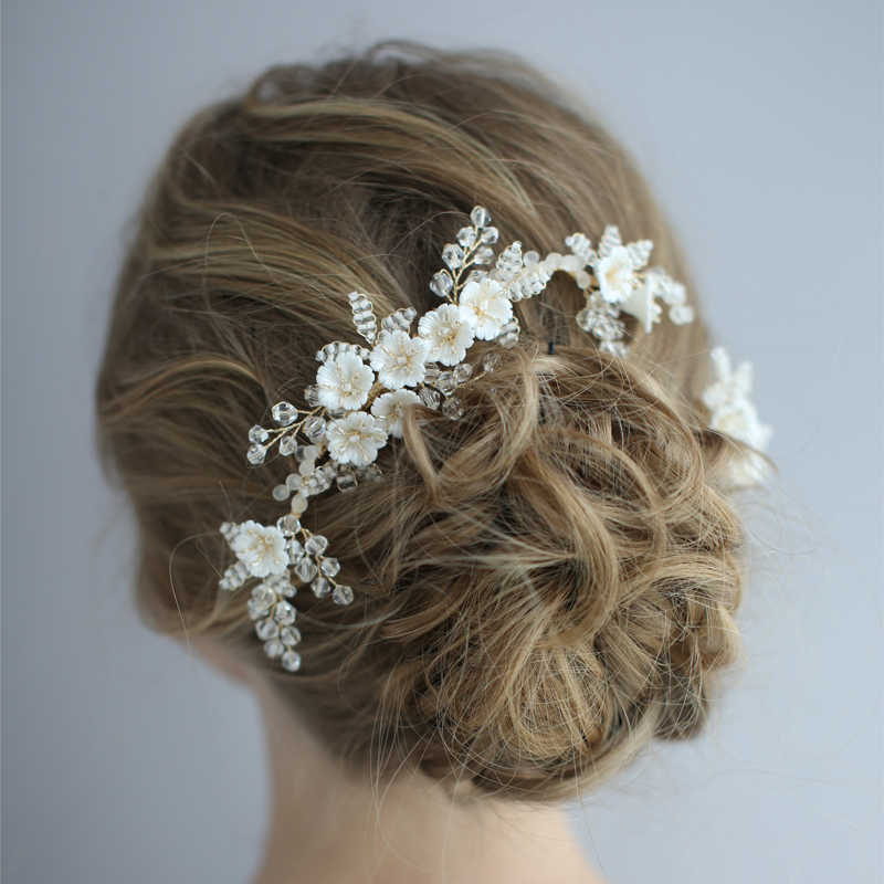 Ins Sell Delicate Porcelain Flower Wedding Hair Jewelry Ceramic Floral Bridal Comb Pins Handmade Women Prom Headpiece 210707