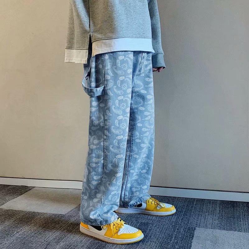 Men's Jeans Cashew Flower Black Straight Denim Trousers Loose Spring And Autumn Korean Fashion Baggy Pants Wide-leg