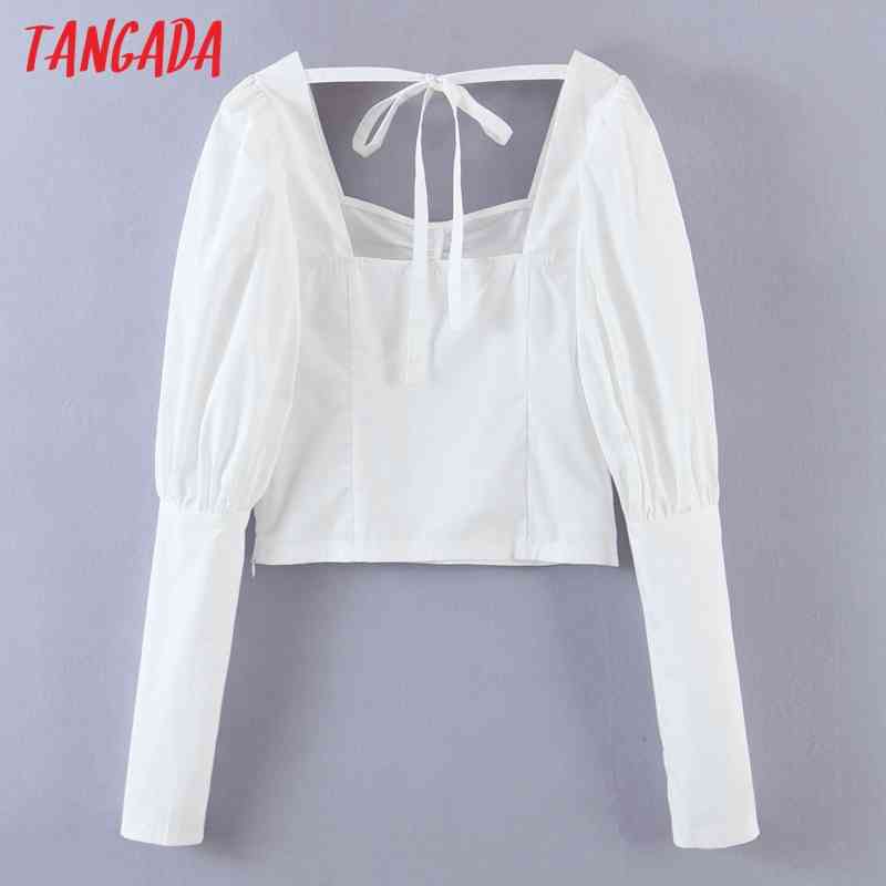 Women Retro White Crop Square Collar Backless Bow Chic Female Slim Shirt Tops SL540 210416