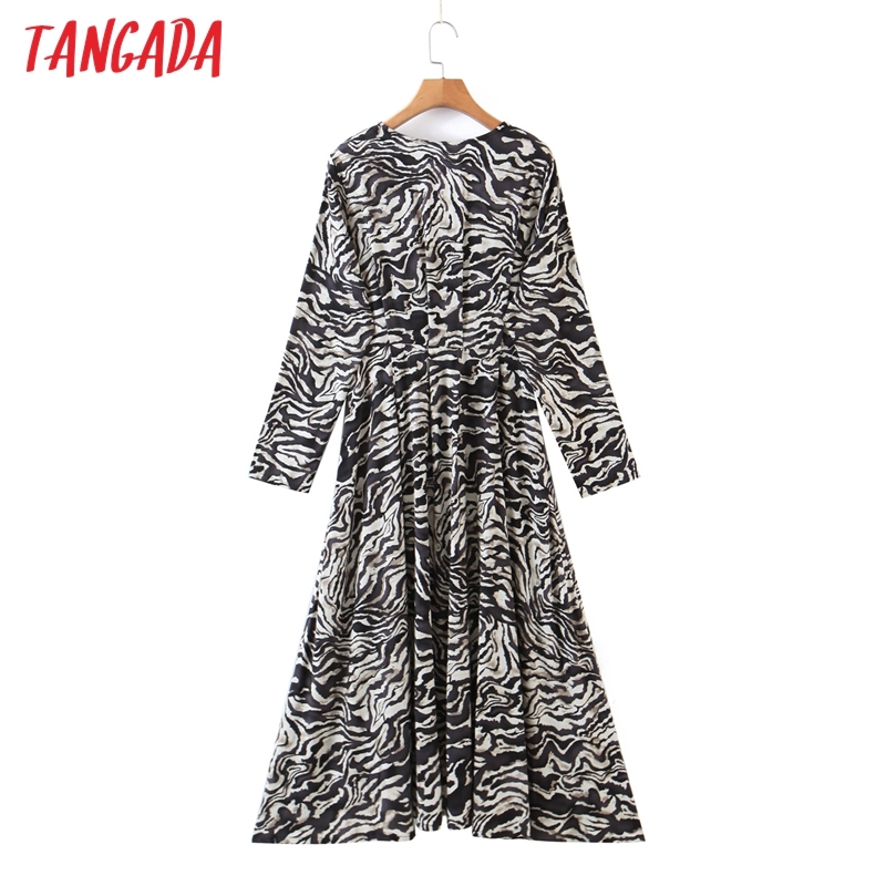 Women Animal Pleated V Neck Sleeve Ladies Vintage Long Dress Vestidos QW82 210416