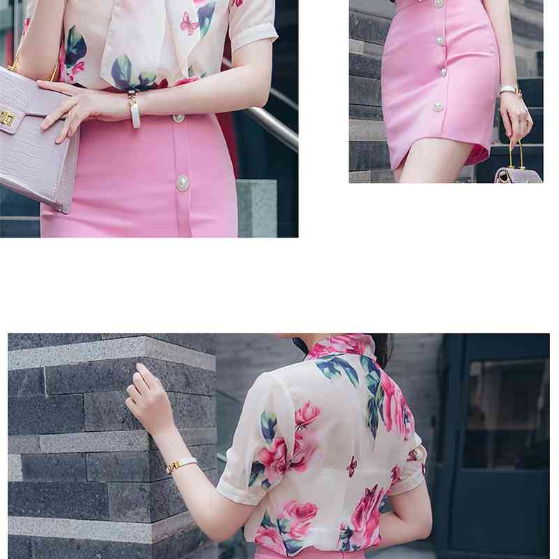 Korea Two Piece Set Women Elegant Fashion Short Sleeve Sweet Bowtie Flowers Chiffon Shirt Top + Pink Mini Skirt Suit 210519