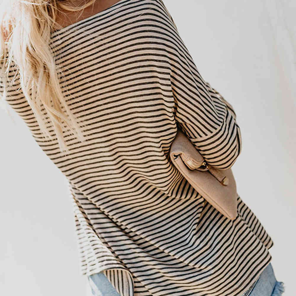 Women Skew Collar Korean Style T Shirt Harajuku op Long sleeve Striped ops Female Autumn Casual ops 210428