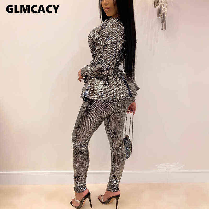 Women Plus Size Office Ladies Sequined Autumn 2 Two Piece Set Top and Pants Elegant Female Casual Business Suits 211105