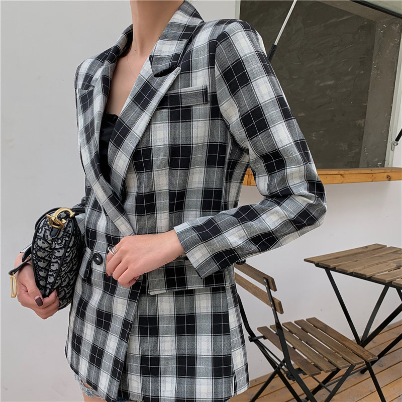 High Street Loose Geometric Elegance Korea OL Plus Plaid Women Gentle Chic Slender Lady Feminine All Match Blazers 210421