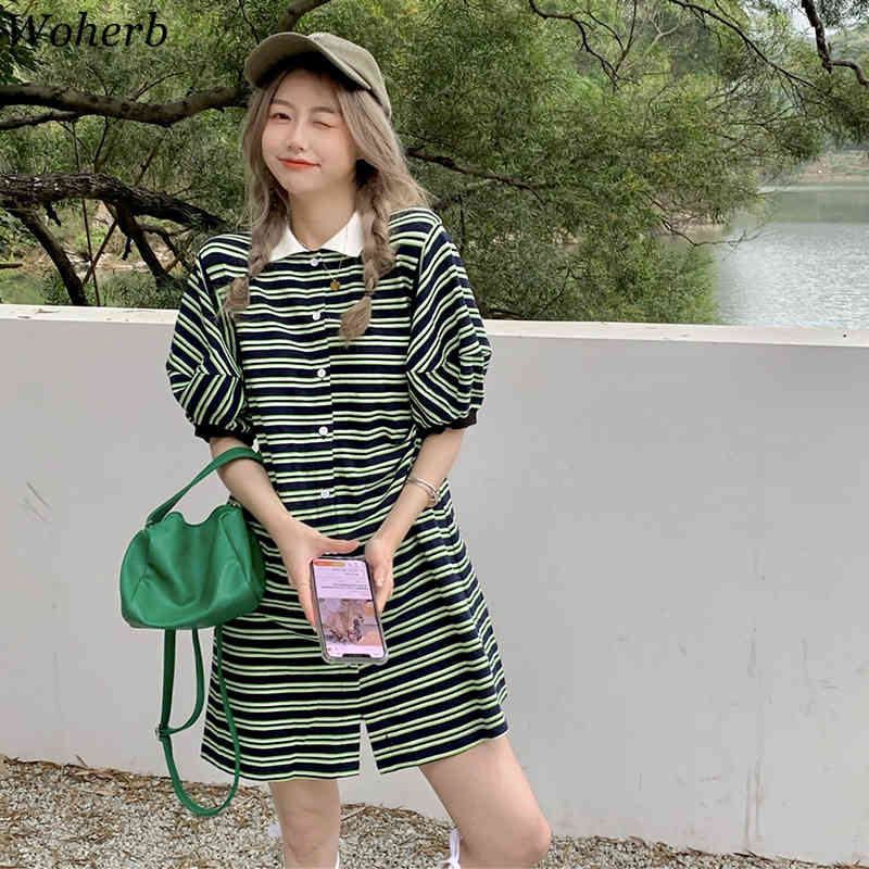 Harajuku Striped Ladies Dress Women Puff Sleeve Mini Green Shirt Dresses Summer Korean Chic Streetwear Vestidos 210519