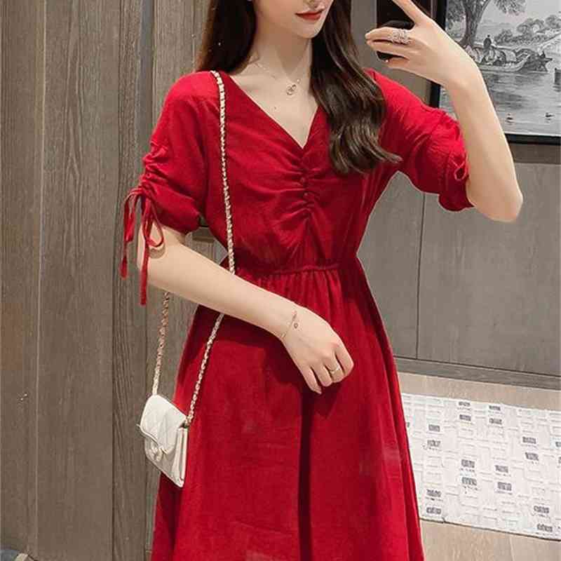 Paragraph Summer Women's Temperament Small Fresh Chiffon Dress High Waist V-neck Pile Sleeve Slim Mid Length A-line Skirt 210515