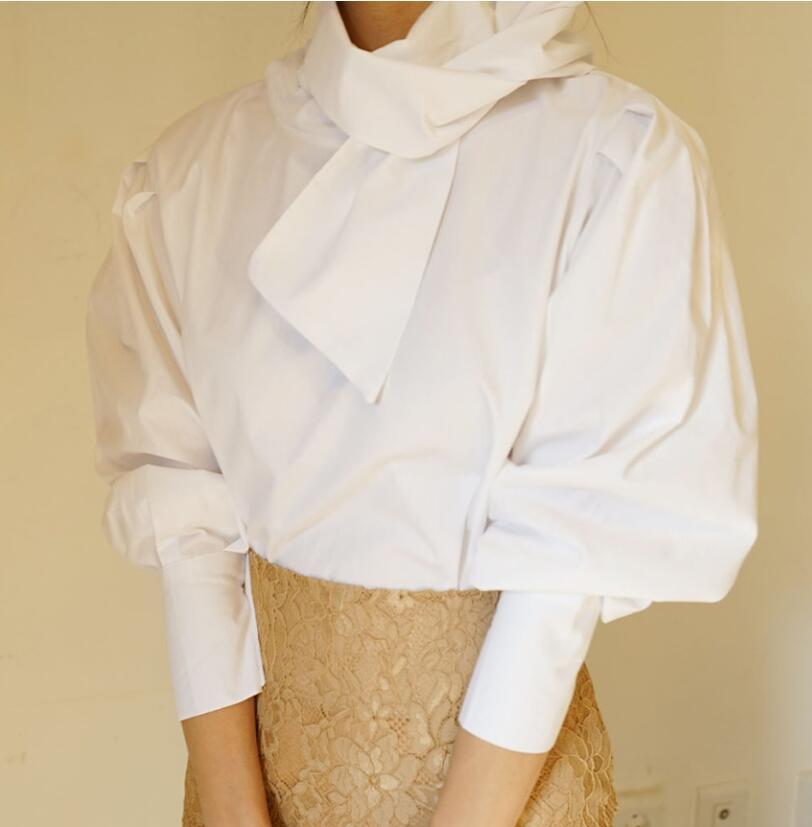 OL Elegant Bow Collar White Shirt Women Spring Autumn Formal Work Wear Solid Blouses Loose Puff Sleeve Female Tops 210421