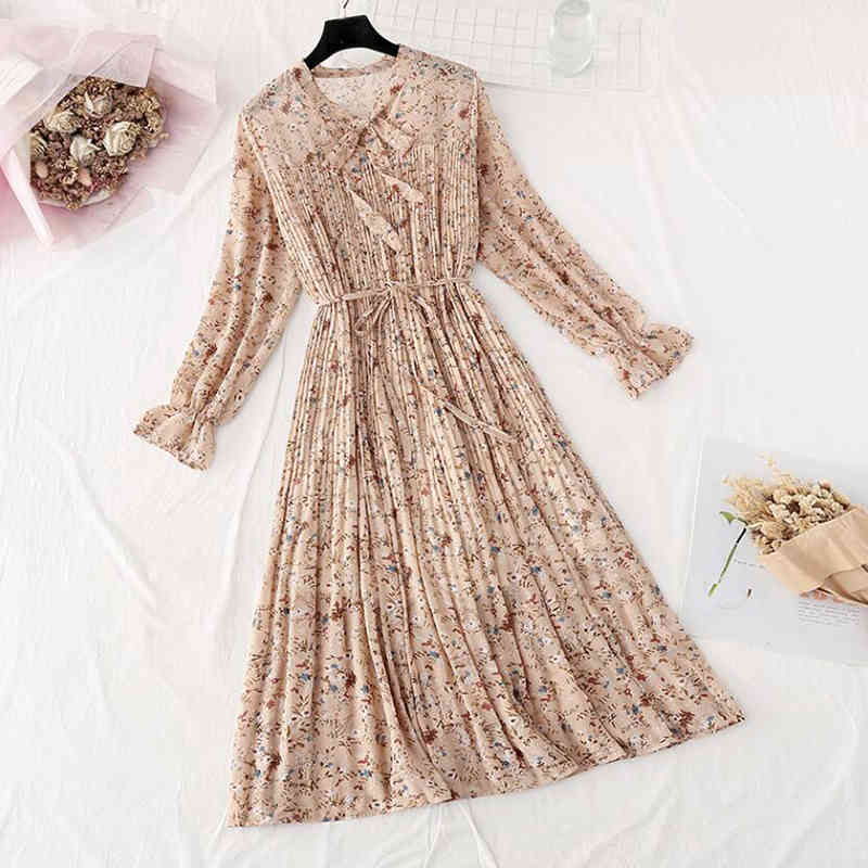 Floral Print Chiffon Dress Women Spring Summer Loose Long Sleeve Ruffles Pleated Long Dress Bow Vintage Femme Vestidos 210521