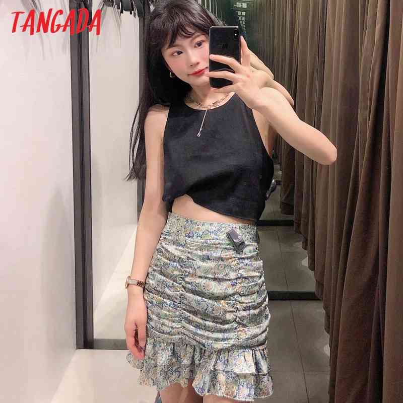 Women Chic Ruffled Pleated Printed Chiffon Vintage High Waist Back Zipper Female Skirts Mujer BE458 210416