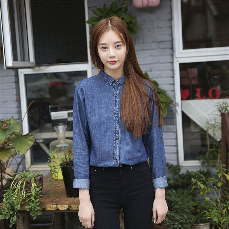 Spring Autumn Women Long Sleeve Turn-down Collar Shirt Plus Size Cotton Denim Casual Blue Blouse Female Tops High Quality D94 210512