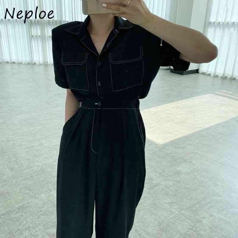 Work Style Ol 2 Pcs Women Set Turn Down Collar Short Sleeve Single Breast Shirt + High Waist Hip Straight Pant Black Suit 210422