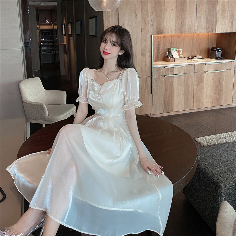 Summer Dresses Sweet Square Collar Flare Sleeve Dress Women High Waist Short Sleeve Midi Long Dresses Spring Robe 14088 210519