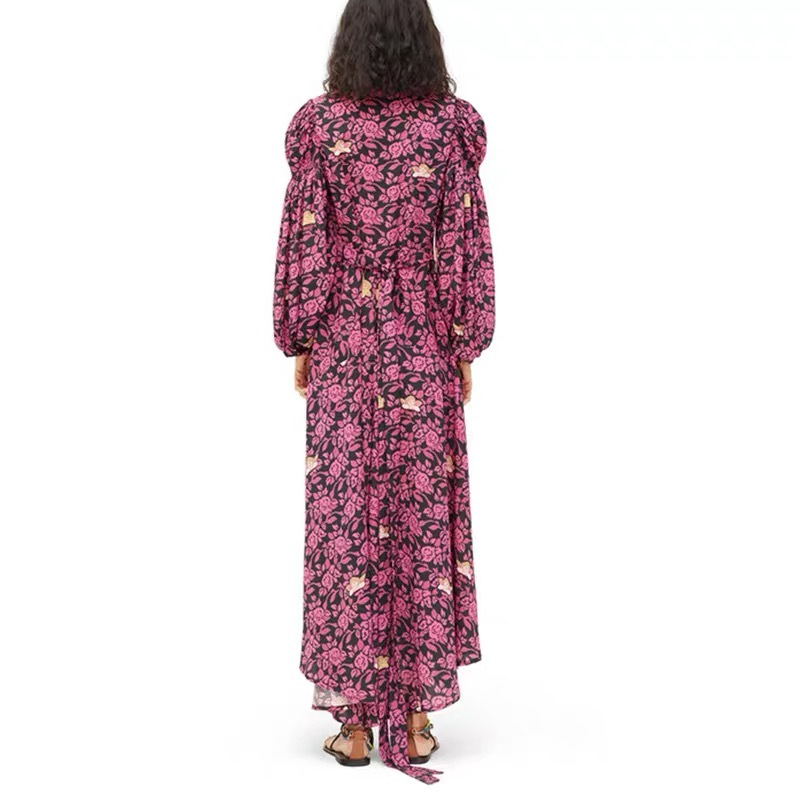 Vintage Print Dress Celebrity V-Neck Lantern Sleeve Bowknot Lace Up High Waist es Female Fashion Spring Autunm 210421