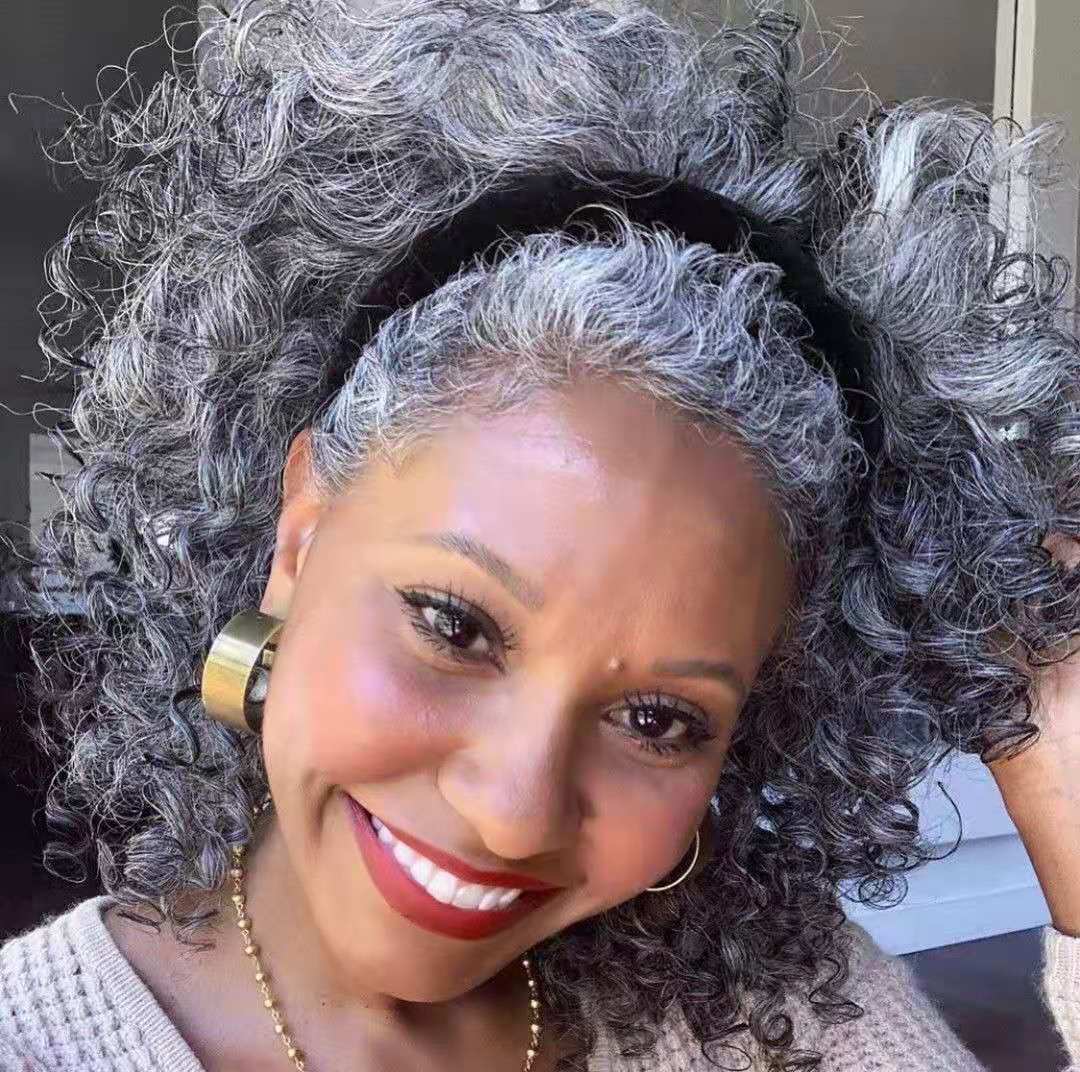silver gray kinky curly human hair ponytail Salt and pepper ponytails for black women fashion hot grey pony tail hairpiece dye free natural highlights