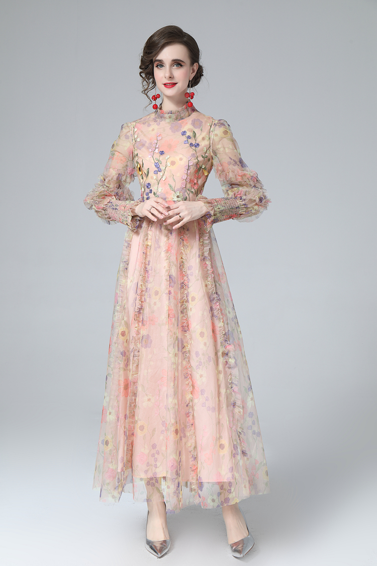 Women's Runway Dress Stand Collar Long Lantern Sleeves Printed Ruffles Elegant Fashion Party Prom Gown