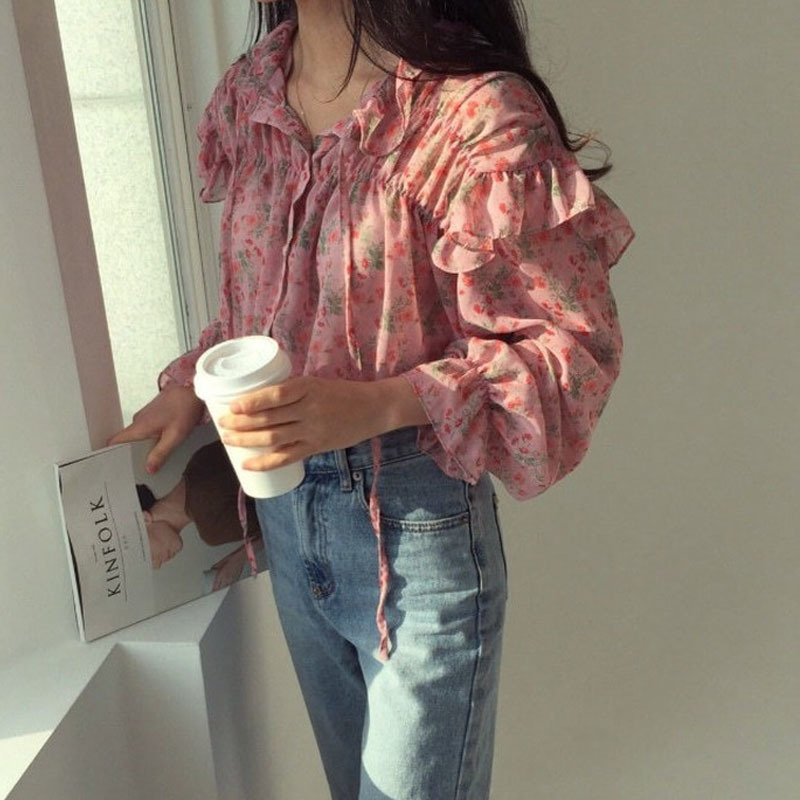 Long Sleeve Woman's Blouses Printed Wild Chiffon Blouse Autumn Korean Clothes Vintage Ruffled Pink Shirts Woman 10336 210427