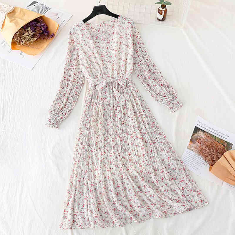 Spring Summer Women Pleated Chiffon Dress Floral Print Vintage O-neck Bow Midi Dress Elegant Party Long Sleeve Vestidos 210521