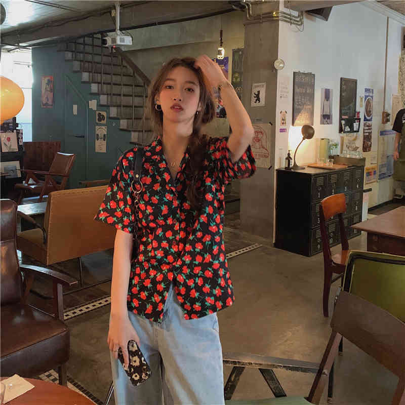 korean style Floral short sleeve blouse women Notched Collar Chiffon blouses loose summer tops (K8130) 210423