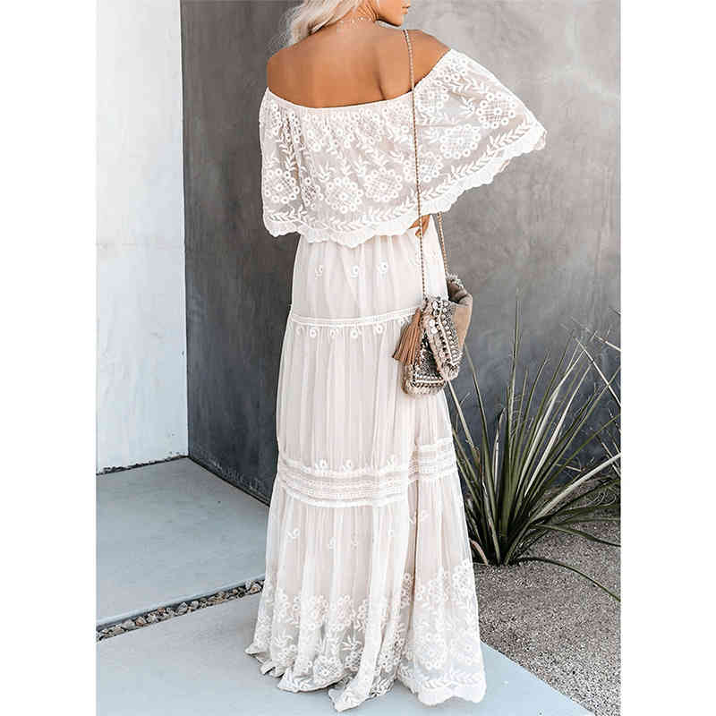 Elegant Bikini Cover-ups Sexy Slash Neck Summer Beach Dress Long White Lace Tunic Women Wear Swim Suit Cover Up A505 210420