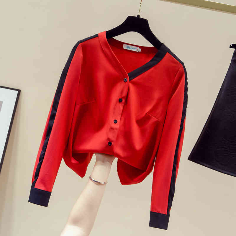 Spring and Autumn Chiffon Shirts Women V-neck Loose Tops Shirt Office Lady Blouse Korean Fashion Clothing Solid Blusas 11155 210506