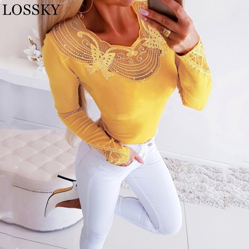 Autumn Winter Mesh Lace Beading Patchwork Sexy Bodycon Women's T-shirt Slim Long Sleeve Black Tshirt Female Shirt Blusas 210507