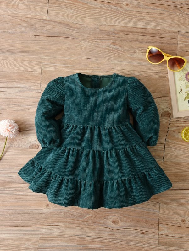 Baby Corduroy Button Back Puff Sleeve Ruffle Hem Dress SHE