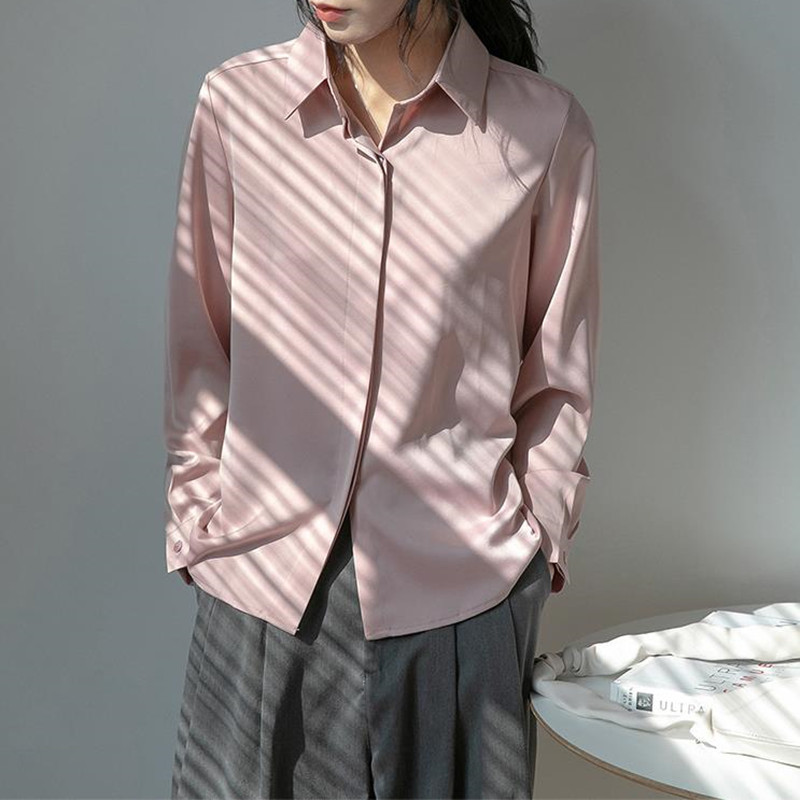 Spring Autumn OL Elegant Minimalist Satin Career Suit Shirt Women Chiffon Blouses Loose Lapel Long Sleeve Tops 210421