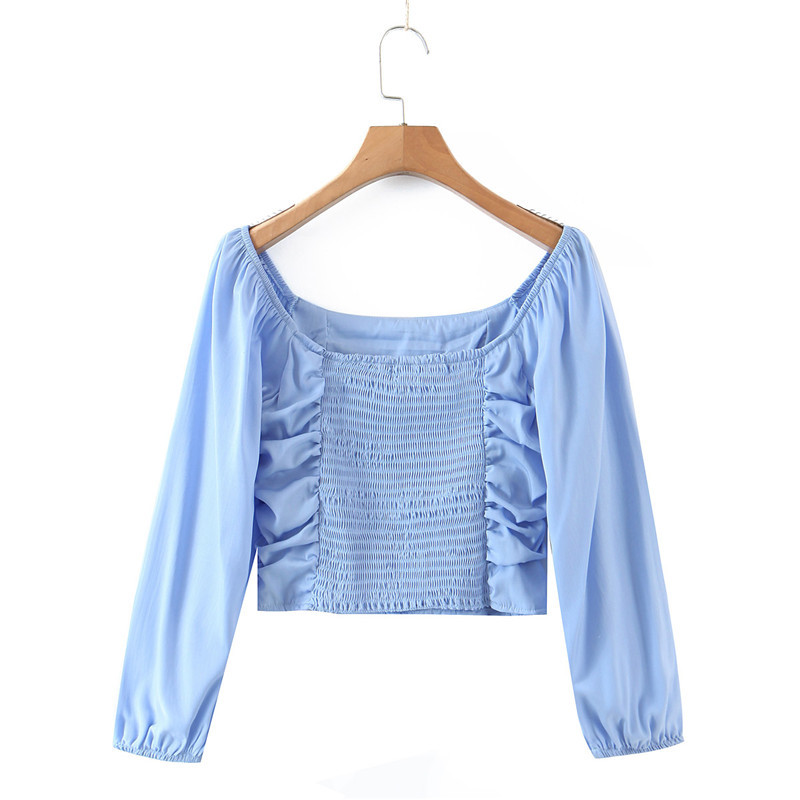 Spring Vintage Square Collar Simple Solid Pleated Elastic Slim Long Sleeve Short Blouse Crop Top Women 210514