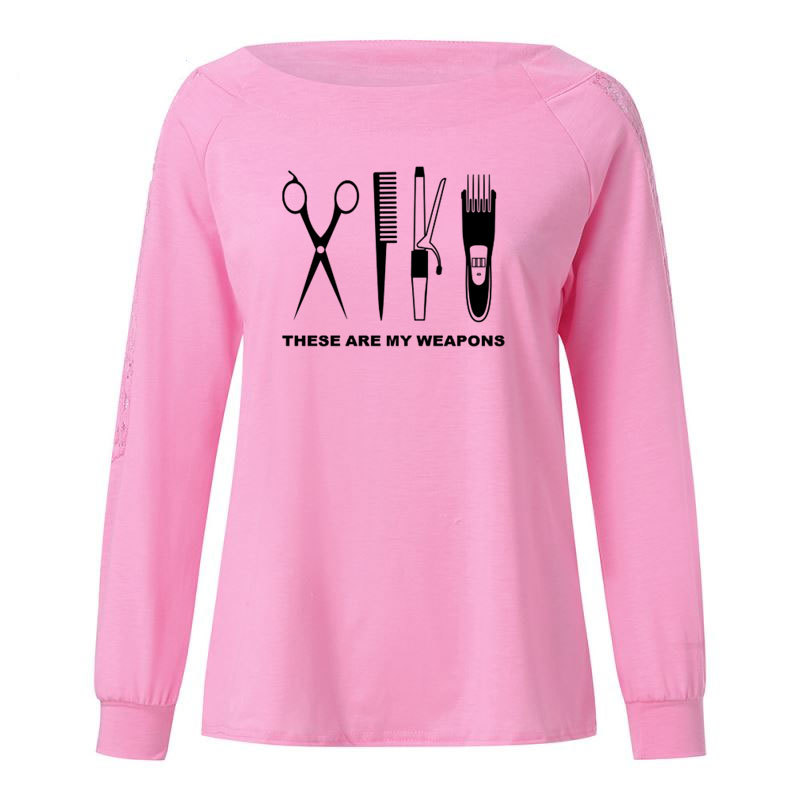 Barber T Shirt Women Long Sleeve O-Neck Hairdresser Weapon T-shirt Woman scissors Clothing Tops Girl Casual Loose Lace Top Tees 210406