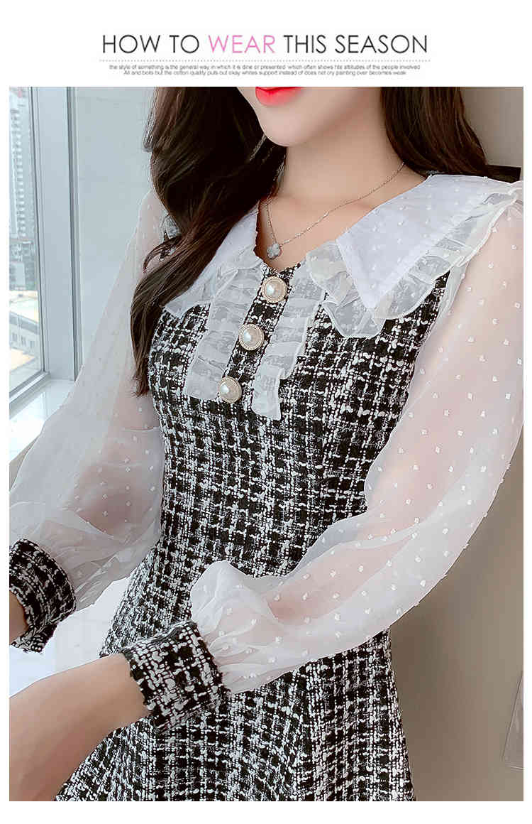 HMA New Autumn And Winter Tweed Woolen Dresses Women Fashion Hit Color Long Sleeve Elegant Sweet Vestidos 210409
