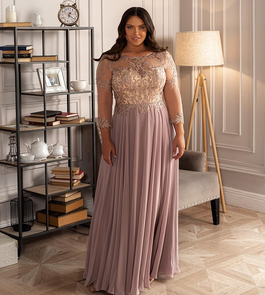 Charming Beaded Lace Plus Size Prom Dresses Sheer Bateau Neck A Line Long Sleeves Evening Gowns Floor Length Chiffon Formal Dress 0509