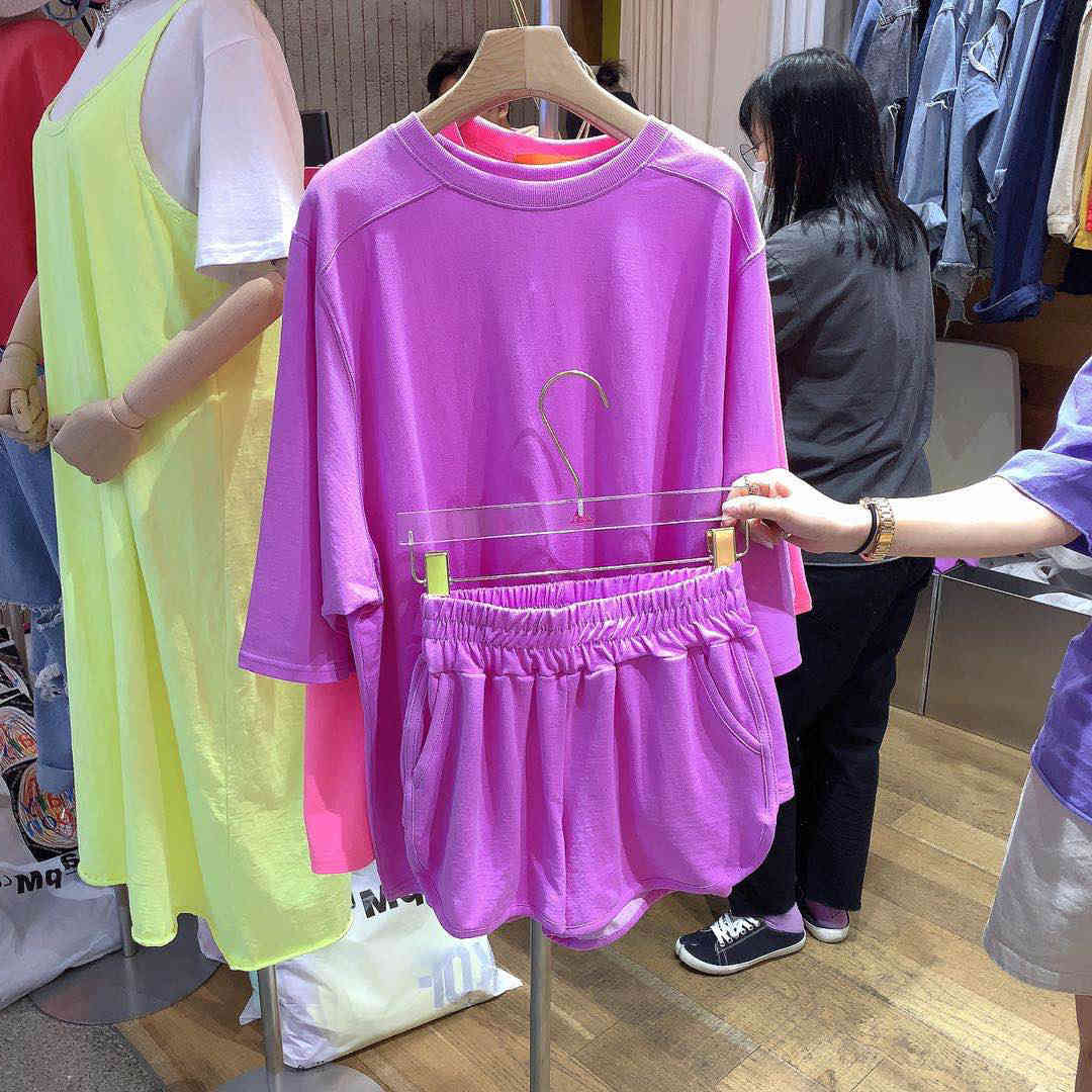 Matching Sets Summer Candy Color Plus Size Cotton Thin Fashion Casual O Neck Short Sleeve T Shirts Tops Clothing Shorts 210429