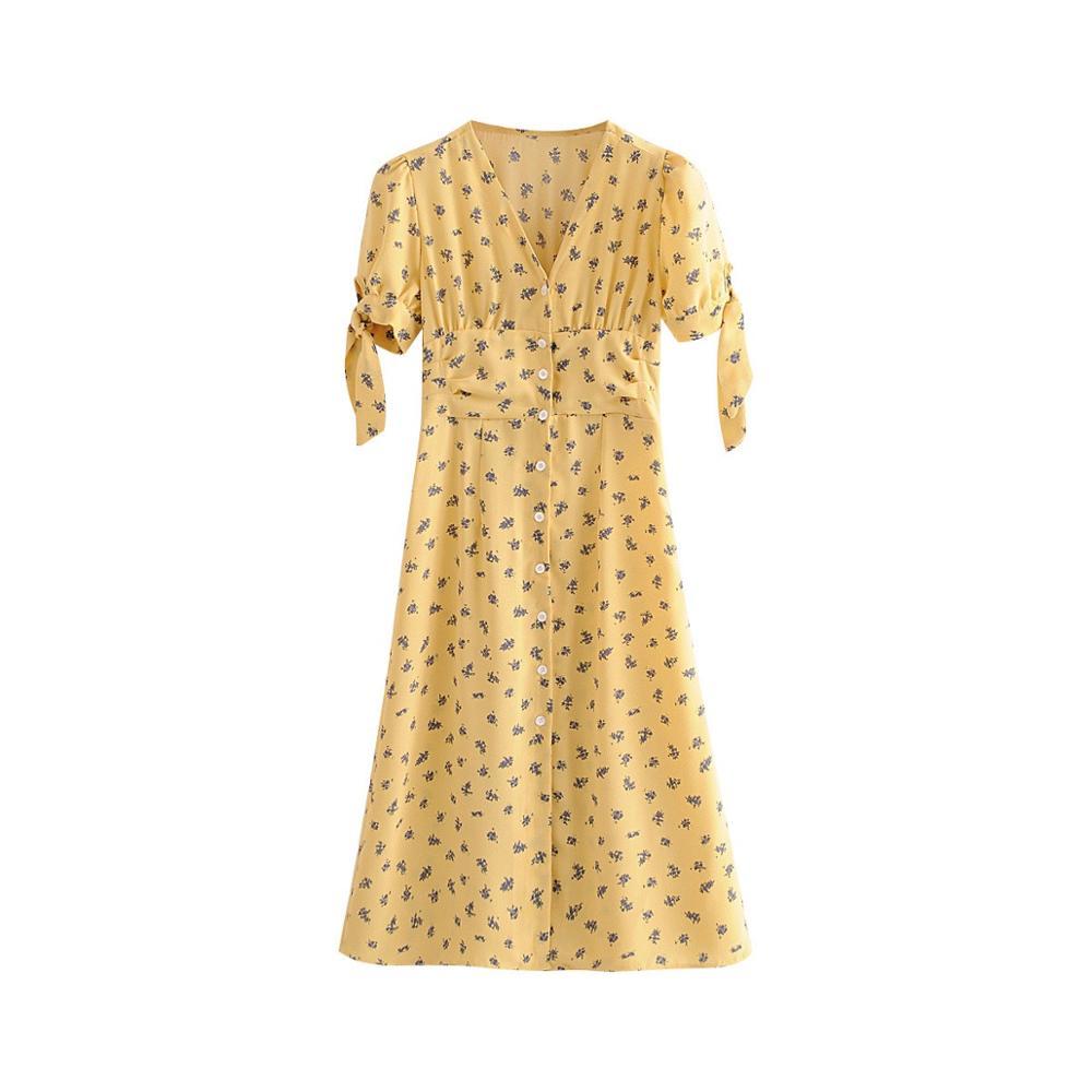 French V neck Front Slit Floral Midi Dress Holiday Woman Tie Bow Cuff Slim Waist Short Sleeve Tea Dresses Vestido 210429