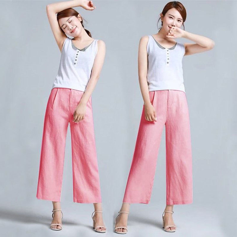 Summer Women Loose Ankle-length Pants Plus Size Elastic Waist Casual Wide Leg Solid Cotton Linen D56 210512